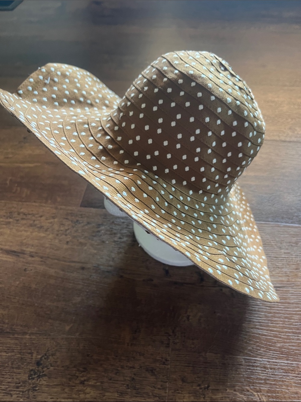 Blank NYC Tan Wide-Brim Sun Hat with White Dot Print